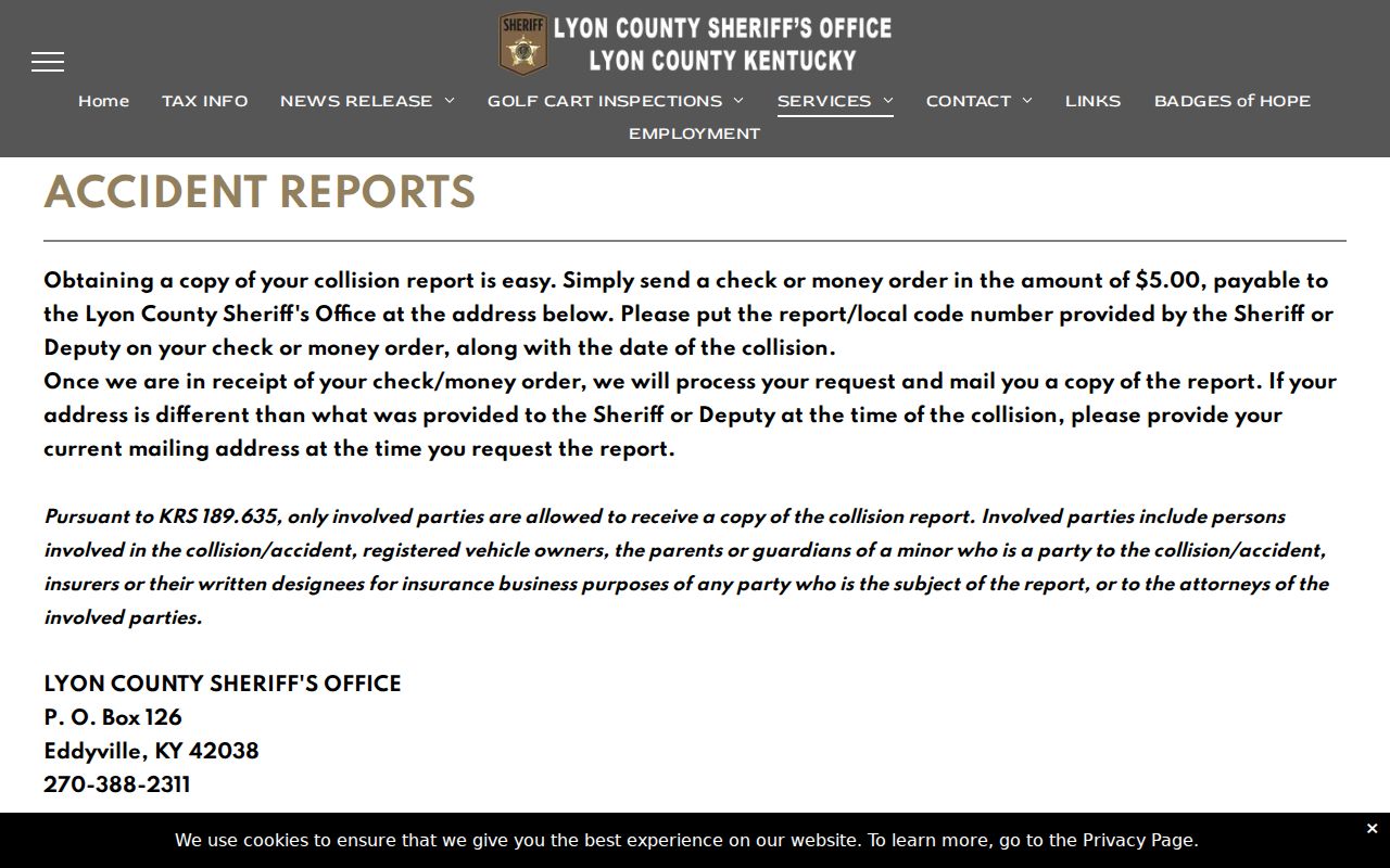 Lyon County sheriff accident report request page distinct from arrest records