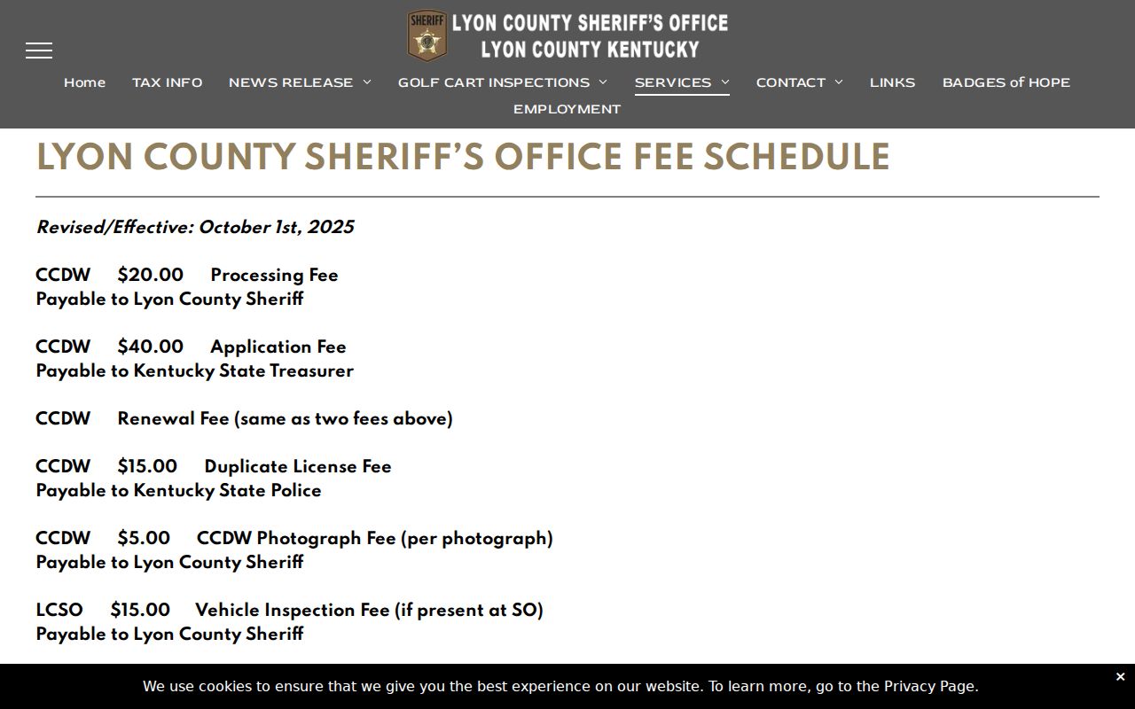 Lyon County arrest report and fingerprint fee schedule