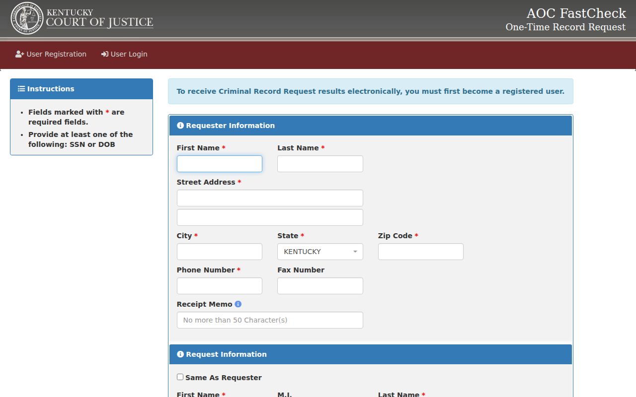 Lyon County criminal history FastCheck request screen